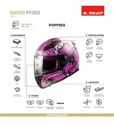 Casco Integral Moto Mujer LS2 RAPID POPPIES Blanco-Rosa FF353 - Tienda Moto  Rider México