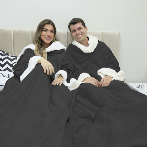 Cobertor Com Mangas Sherpa Tipo Pele De Carneiro Preto Desenho do tecido Liso