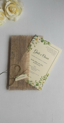 Convite De Casamento Rustico Laço Verde Oliva (60 Unidades)