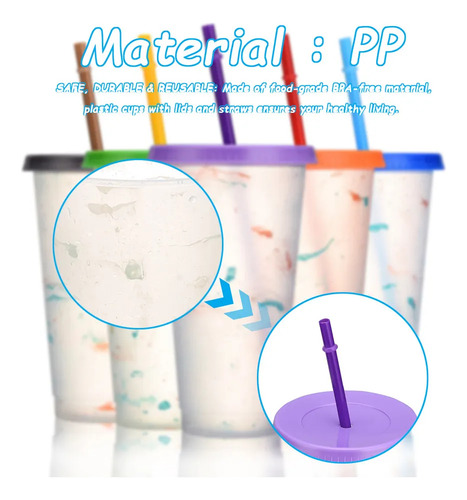 Vasos Magicos Cambian De Color Con Tapa Y Popote 720ml 5pzs