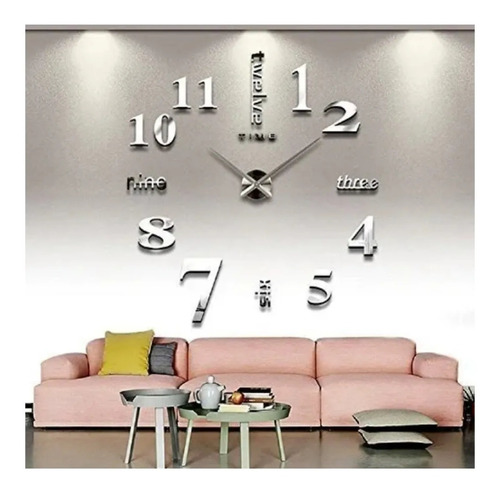 Reloj 3d Gigante 120cm Negro Pared Decor Espejo Silver