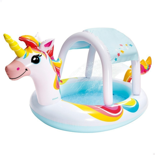 Piscina Inflable Con Techo Removible Unicornio Bebe Intex Color Blanco