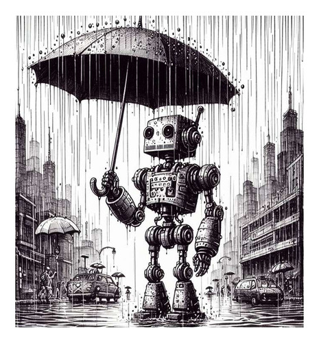 Vinilo 60x60cm Robot Paraguas Lluvia Dibujo Rain Walk M3