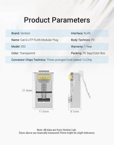 Imagen 8 de 9 de Ficha Plug Cat6 Rj45 Utp Modular X100 Cable De Red - Vention