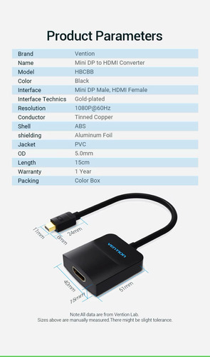 Adaptador Mini Display Port A Hdmi Hembra Vention - Conversor Pc Mini Dp A Monitor Hdmi - 1080p 60hz Full Hd - Cable 0.15 Metros - Para Pc / Monitor / Pantalla / Tv / Computadora / Proyector - Hbcbb