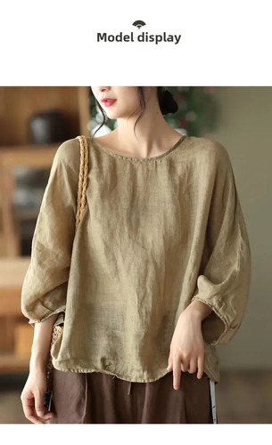 Camiseta De Algodón Y Lino Con Mangas De Murciélago Para Muj