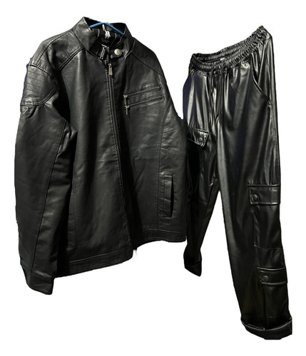 Campera Y Pantalon Cuero Old School Negra Para Motociclista Negro Lisa L