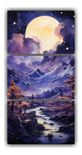 60x120cm Cuadro Paisaje Nocturno Con Luna Y Montañas Flores