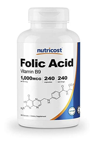 Nutricost Ácido Fólico (vitamina B9) 1000 mcg, 240 cápsulas,