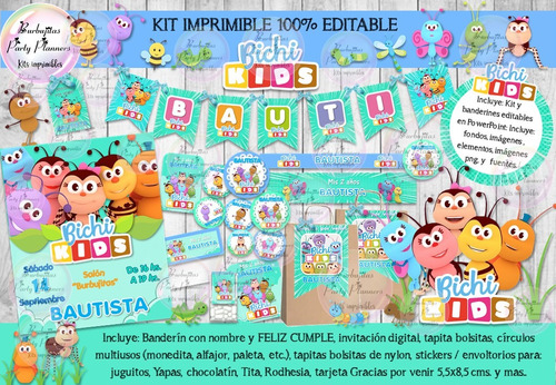 Kit Imprimible Candy Bar Bichi Kids Celeste 100% Editable
