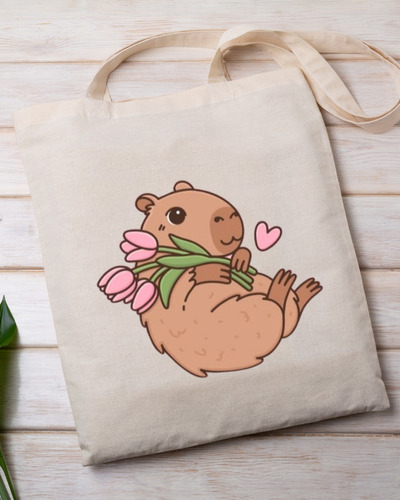 Tote Bag Tela - Estampado De Capibara - Tulipán 40x35cm Beige Capibara Con Flores