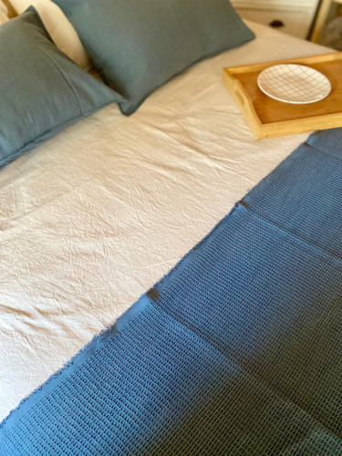 Manta Waffle 100x260 Cm Pie De Cama Manta De Sillón Color Azul Acero