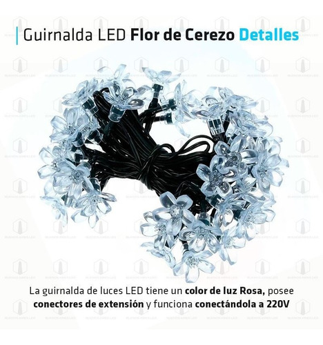 Imagen 2 de 10 de Guirnalda Luces Led Flor De Cerezo 4.5 Metros Rosa 220v