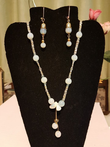 Conjunto Brincos E Colar Pedras Opalina E Cristais