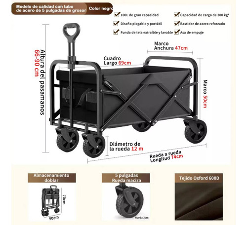 Carrito Vagón Plegable Portátil Multiusos Resistente Cámping