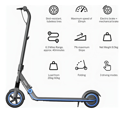 Ninebot By Segway E10, Patín Del Diablo/scooter Eléctrico Para Niños, Batería De Hasta 10km O 40 Minutos, Con 3 Modos De Conducción, Negro/azul