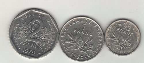 Francia Lote 3 Monedas - 2 Frs 1979 1 Fr 1960 Y 1/2 Fr 1965
