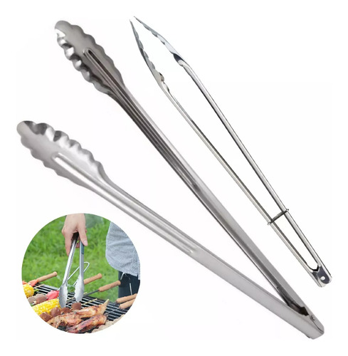 Pinza Gastronomica Larga + Pinza Acero Inox Asadora Servir