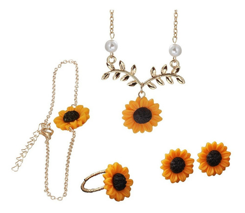 Conjunto De Collar, Aros Y Brazalete P/mujer, Diseño Girasol