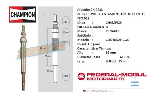 4 Bujias Incandescente Renault Clio 2 Kangoo F8q 1.9 D