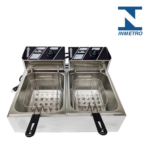 Fritadeira Elétrica Inox Cuba Dupla Funda C/ Tampa Total 14l