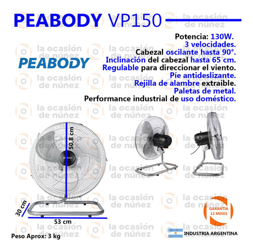 Peabody Ventilador Turbo 20 3 Velocidades 130w Regulable