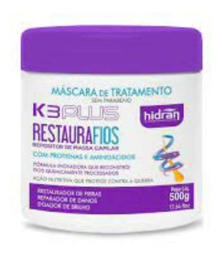 Máscara De Tratamento Hidran K3 Plus Restaura Fios 500 Gr