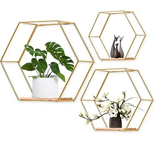 Conjunto Estantes Flotantes Hexagonales De Metal Y Madera