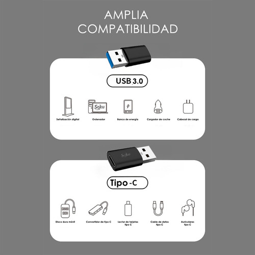 Adaptador Usb 3.0 Tipo C Hembra A Usb Macho Veloz 10 Gbps Negro