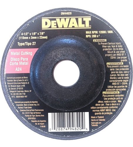 Disco De Corte Dewalt Dw44820 Corte Metal 4 1/2 X1/4 X7/8  