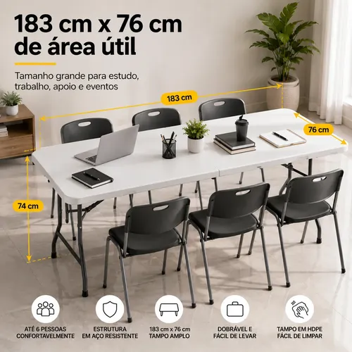 Mesa Dobrável Vira Maleta Com Alça 183x76cm Buffet Multiuso