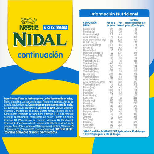 Leche Nidal 2 Continuación 800g Tarro Fórmula Infantil