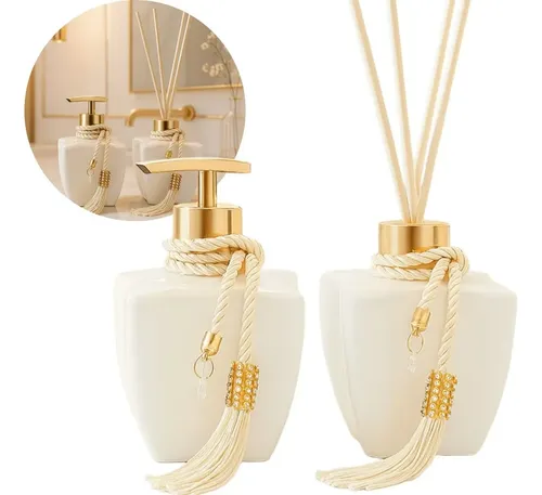 Seven Glass Kit Vidros Lavabo Branco Luxo C/ Enfeite Difusor E Sabonete