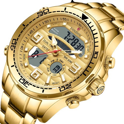 Relogio Foxbox Banhado A Ouro Dual Time Original Lançamento