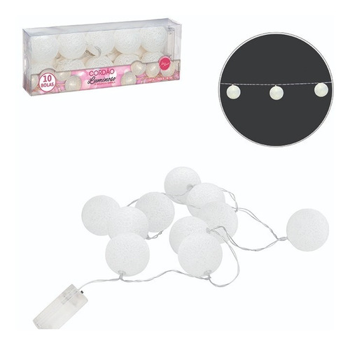 Varal Cordão Luminária Fio Luz Bolinha 10 Bola 5cm Led 1,8m Pilha Aa (10 Bolas Branca)