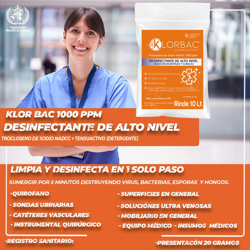 Klor Bac 1000ppm Desinfectante+ Detergente Sobre 20gr. 10 L