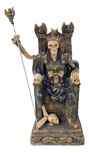 Escultura Exu Caveira No Trono Preto Com Dourado 35cm Resina