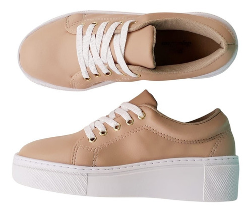 Imagem 2 de 5 de Tênis Feminino Nude Sola Alta Flatform Plataforma Sapatênis