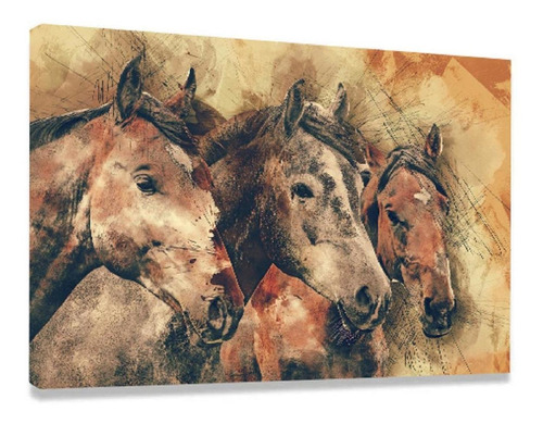 Quadro Decorativo Cavalos Pintura Paisagem Tela Grande Sala Cor Bege