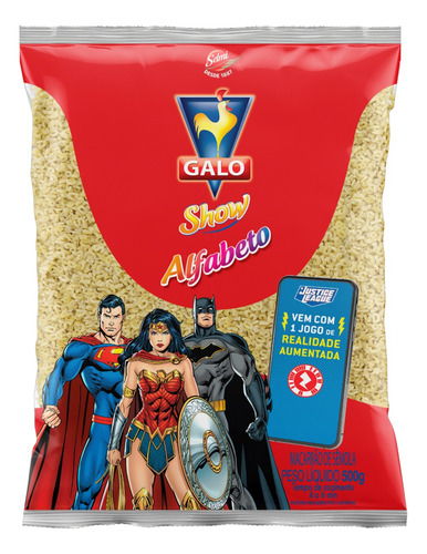 Macarrão de Sêmola Alfabeto Galo Show Pacote 500g Vem com Jogo de Realidade Aumentada Justice League