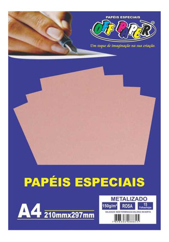 Papel Metalizado A4 Off Paper 150g/m² 15 Folhas Rosa