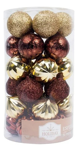 30 Esferas De 6cm Navideñas Navidad Para El Árbol Café Y Oro