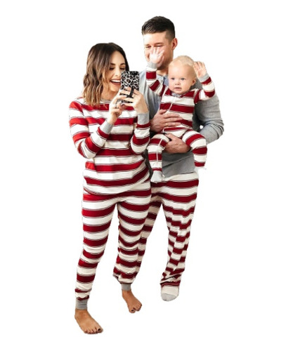 Conjunto Familiar De Pijamas Navideños A Rayas Para Padres E