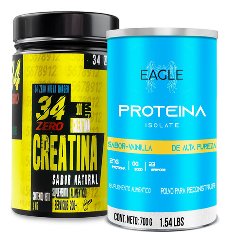 Creatina Monohidratada 34 Zero 1kg + Proteina Eagle 1kg Iso Sabor Vainilla- Natural