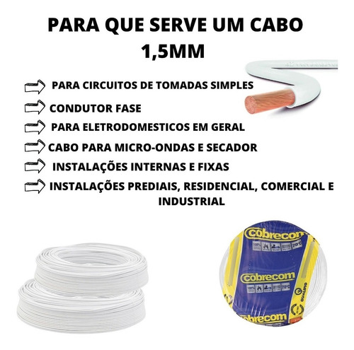 Cabo Elétrico Branco Fio Fase Para Luz 1,5mm 50 Metros