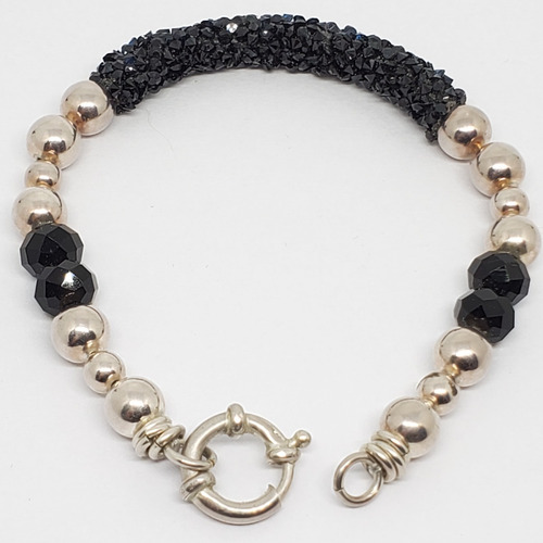 Imagen 3 de 6 de Pulsera Plata Cristal Swa Negro Y Bolitas De Onix X 20 Cm