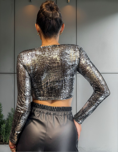 Top Manga Larga Mujer Tul Foil Transparencia Escote V C/ Aro