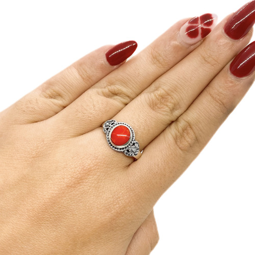 Anillo Redondo Piedra Coral Boho Plata 925 T:17 17