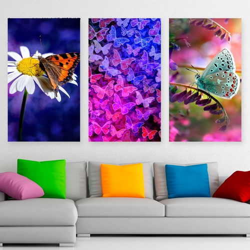 Cuadros Mariposas Coloridas Flores Art Promo X3 De 80x50cm