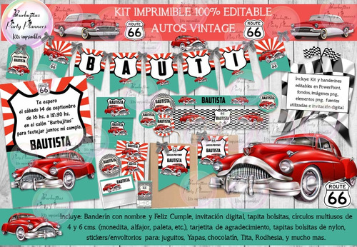 Kit Imprimible Candy Bar Autos Vintage 100% Editable